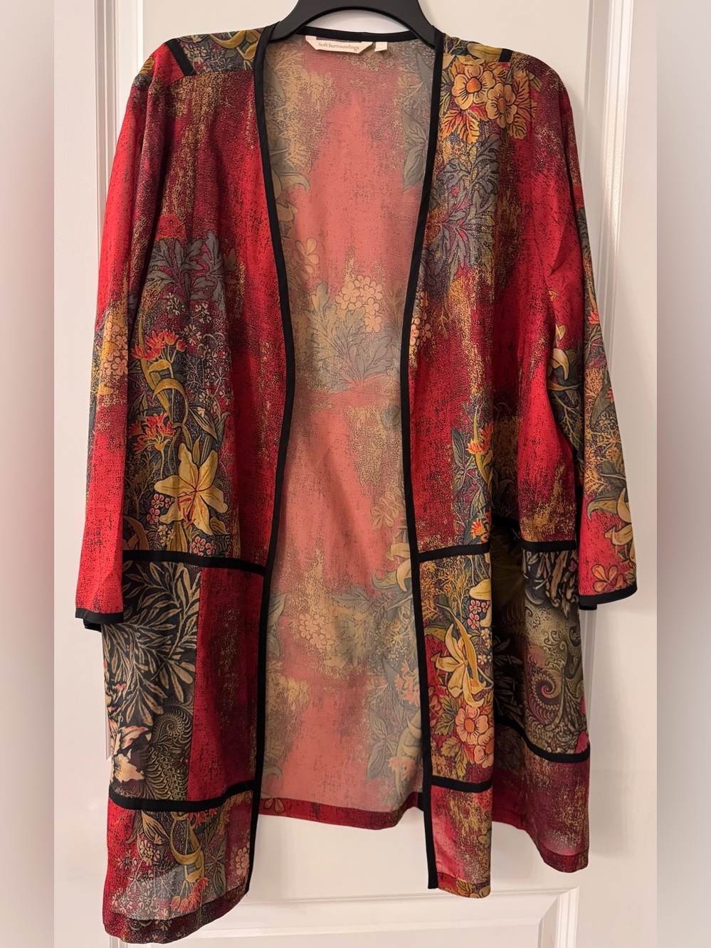 #z237 - Soft Surroundings Mara Prosperity Floral Open Kimono Burgundy Red Blue